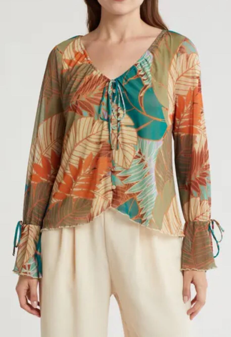 DR2 By Daniel Rainn Blouse Sheer Leaf Print Button Up Bell Sleeve Women's L NWOT